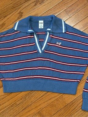 PINK Victoria’s Secret Blue Striped Rugby Collar Cropped Knit Sweater Size S